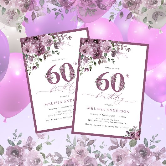 Élégant violet floral 60e anniversaire Invitation