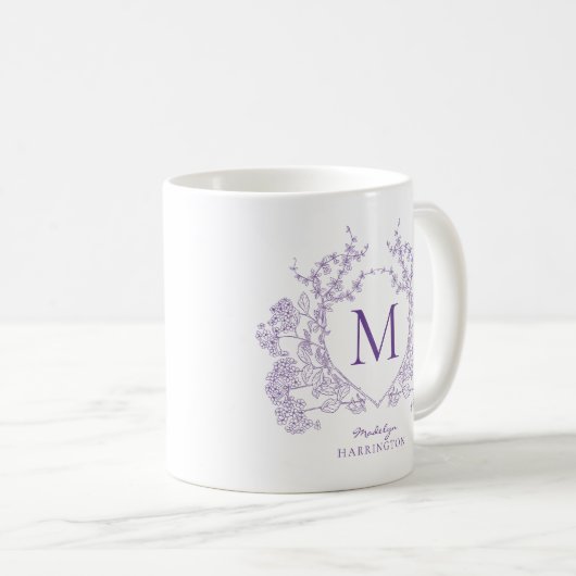 Elegant Violet Floral Crest Monogram Koffiemok (Voorkant rechts)