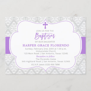 Elegant Violet Girl Baptism Invitation Kaart