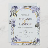 Elegant violet & gold hydrangea wedding invitation (Devant / Derrière)