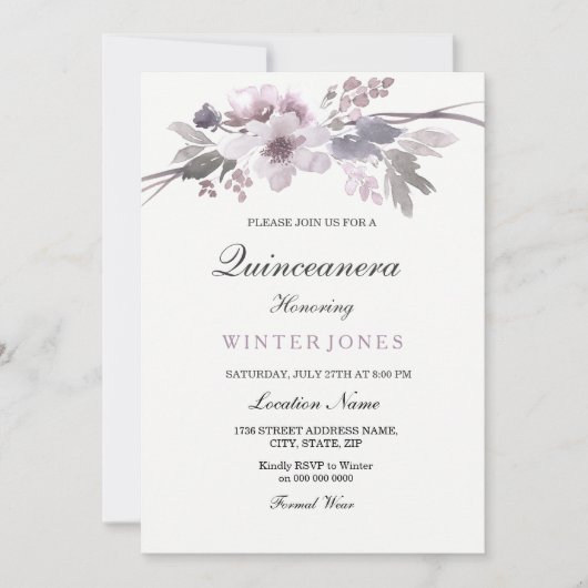 Élégant violet hiver Floral Quinceanera Invitation (Devant)