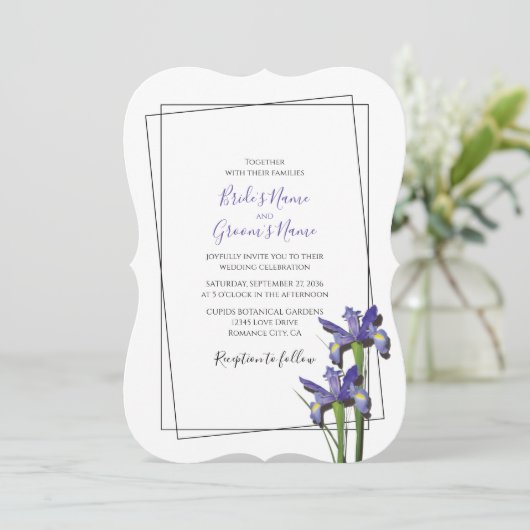 Élégant violet Iris Invitations de mariage Iris (Debout devant)