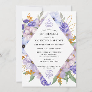 Elégant violet or Floral Quinceanera Invitation