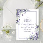 Elegant Violet Paars Bloemen Script Save the Date Kaart