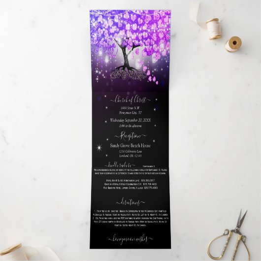 Élégant Violet rose Mariage feuille coeur Tri-Fold (Intérieur)