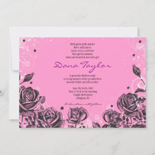 Élégant violet Roses Baby Naming Invitation Hébreu (Devant)