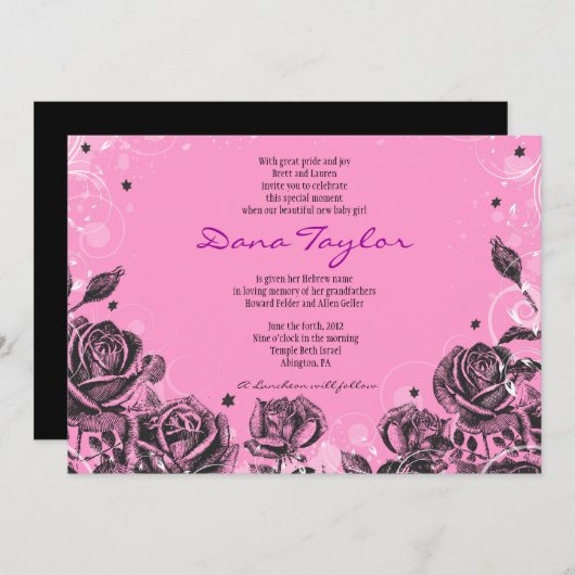 Élégant violet Roses Baby Naming Invitation Hébreu (Devant / Derrière)
