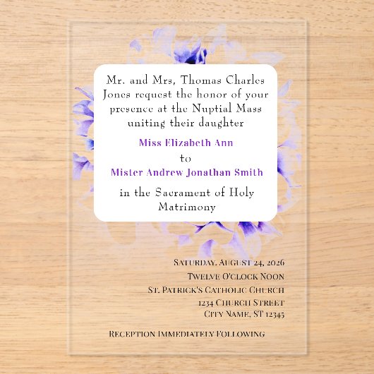 Elegant Violets Catholic Wedding Invitation (Recto)