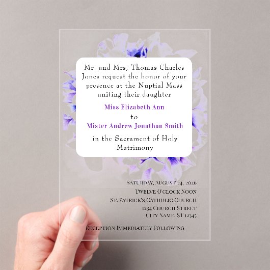 Elegant Violets Catholic Wedding Invitation Acryl Uitnodigingen (Insitu (Draagbaar))