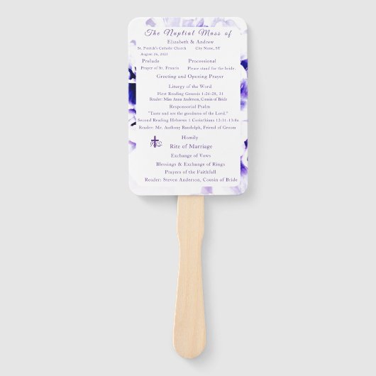 Elegant Violets Katholiek Nuptial Mass Programma Handwaaier (Voorkant)