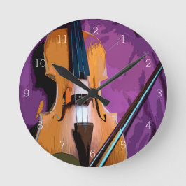 Elegant Violin on Purple Silk, Round Clock Ronde Klok