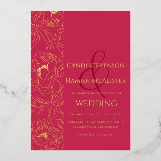 Elégant Viva Magenta Mariage Gold Foil Invitation (Recto)