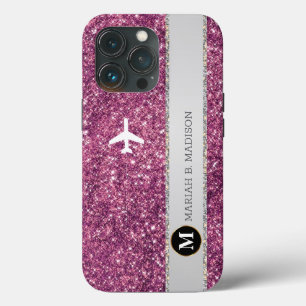 Elegant Vliegtuig Roze Zilver Glitter monogram iPhone 13 Pro Hoesje