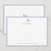 Elegant vlindermonogram Dusty Blue Gingham Notitiekaartje (Voorkant / Achterkant)