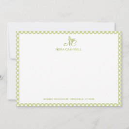 Elegant Vlindermonogram Green Gingham Note Kaart Notitiekaartje