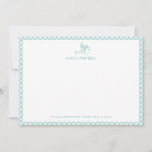 Elegant vlindermonogram Turquoise Gingham Notitiekaartje