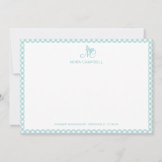 Elegant vlindermonogram Turquoise Gingham Notitiekaartje