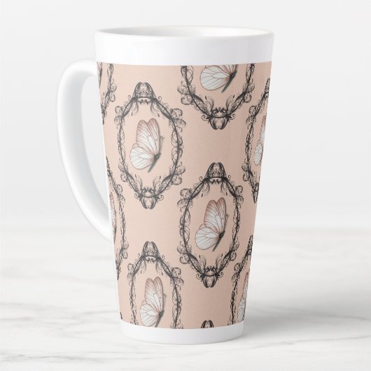 Elegant Vlinderroze Victoriaans Damask Monogram Latte Mok (Linkerhoek)