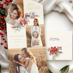 Elegant Vrolijk Kerstfeest Bloemen Gouden Boog 2-F All In One Uitnodiging