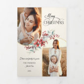 Elegant Vrolijk Kerstfeest Bloemen Gouden Boog 2-F Drieluik Kaart (Cover)