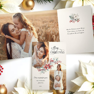 Elegant Vrolijk Kerstfeest Bloemen Gouden Boog 2-F Drieluik Kaart