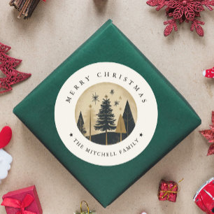 Elegant Vrolijk Kerstfeest Warm Gold Pine Forest Ronde Sticker