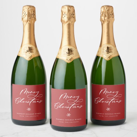Elegant Vrolijk Kerstmis Script Rode Vakantie Sparkling Wijnetiket (Flessen)