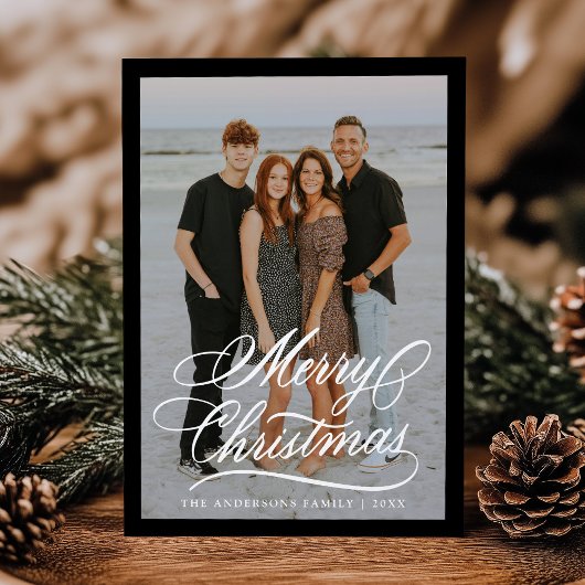 Elegant Vrolijk Kerstscript Zwart Lijst 2 Foto Feestdagenkaart