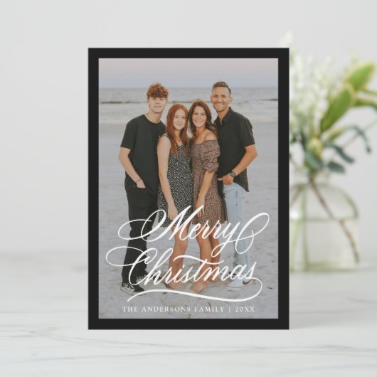 Elegant Vrolijk Kerstscript Zwart Lijst 2 Foto Feestdagenkaart (Staand voorkant)