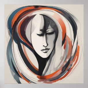 Elegant Vrouwen Gezicht Bruin Blauw Kunstwerk Abst Poster