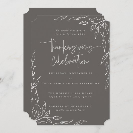 Elegant Warm Grey Modern Leaf Motif Thanksgiving Kaart (Voorkant / Achterkant)