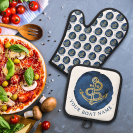 Elegant Watercolor Anker Sailing Naam Navy Blauwe Ovenwant & Pannenlap Set