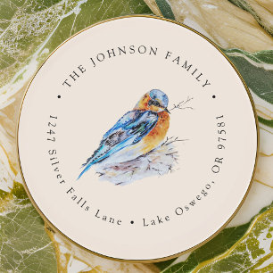 Elegant Watercolor Blauw Vogeltje Retouradres Ronde Sticker