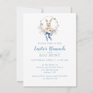 Elegant Watercolor Bunny Blue Bow Easter Brunch Kaart