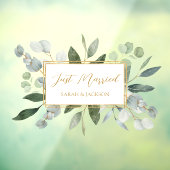 Elegant Watercolor Eucalyptus Leaves Just Married Raamsticker (Vel 3)