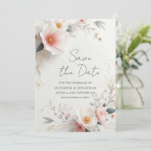 Elegant Watercolor Flowers Save The Date Script (Staand voorkant)