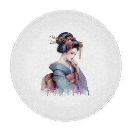 Elegant Watercolor Geisha in Soft Teal and Plum Snijplank