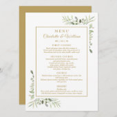 Elegant Watercolor Greenery Gold Dinner Menu (Devant / Derrière)