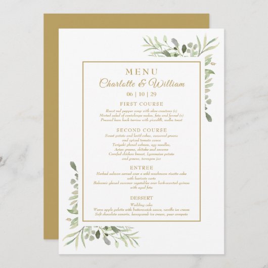 Elegant Watercolor Greenery Gold Dinner Menu (Voorkant / Achterkant)