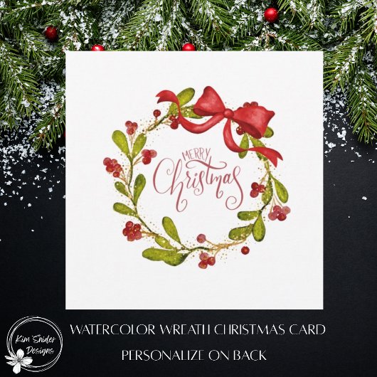Elegant Watercolor Mistletoe Wreath and Bow Feestdagenkaart