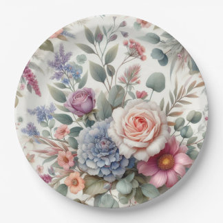 Elegant Watercolor Pastel Floral Roses Paper Plate Papieren Bordje