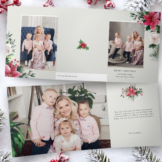Elegant Watercolor Poinsettias, Roses & Pine Photo Drieluik Kaart
