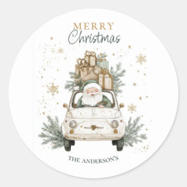 Elegant Watercolor Santa Car Snow Merry Christmas  Ronde Sticker