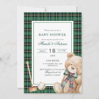 Elegant  Watercolor Vintage plaid teddy bear Baby  Kaart