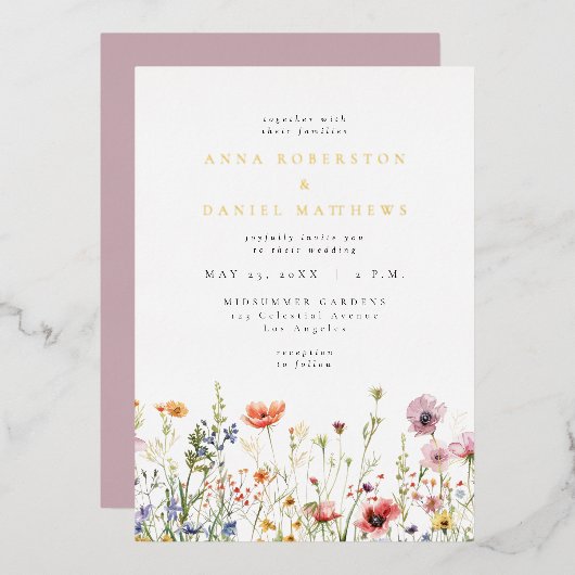 Elegant Watercolor Wildflower Foil Invitation (Recto/Verso)