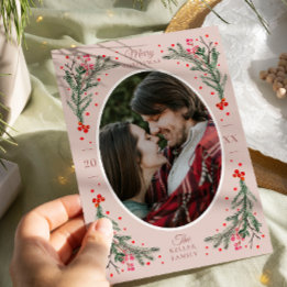 Elegant Waterverf 2 Foto met Kerstmis Blush Feestdagenkaart