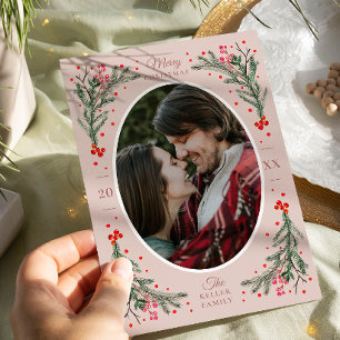 Elegant Waterverf 2 Foto met Kerstmis Blush Feestdagenkaart