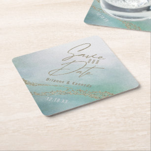 Elegant Waterverf Aqua Ocean & Gold Save the Date Kartonnen Onderzetters
