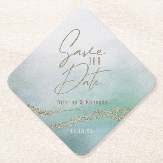Elegant Waterverf Aqua Ocean & Gold Save the Date Kartonnen Onderzetters (Voorkant)