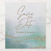 Elegant Waterverf Aqua Ocean & Gold Save the Date Wijn Etiket (Enkel label)